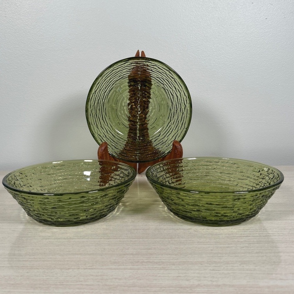 Anchor Hocking Soreno Bowls Avocado Green Glass Textured Bark MCM 70s Retro